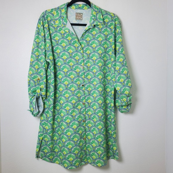 Emily McCarthy Green Deco Palm UPF 50 Long Sleeve Shift Shirt Dress Swim Coverup - Picture 13 of 14